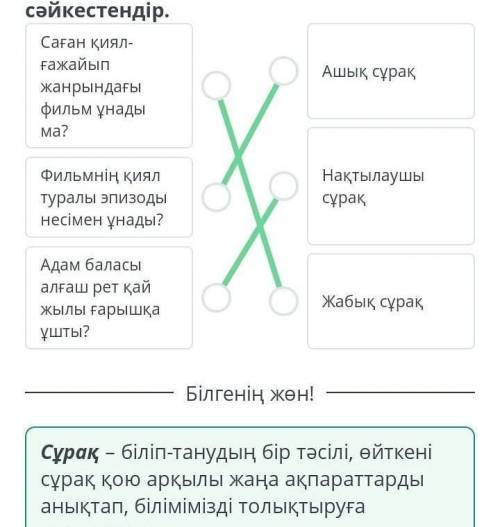 Арман – шығармашылық қиялдың дайындық сатысы Сұрақтарды түрлеріне қарай сәйкестендір.Саған қиял-ғажа