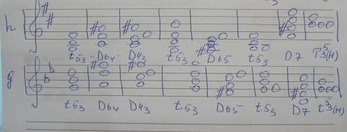 Побудувати акордова послідовність у тональностях h-moll,g-moll. t6/3-D6/4-D4/3-t5/3-D6/5-t5/3-D7-t5/