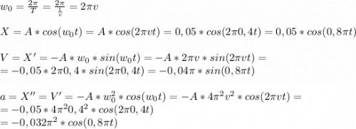 w_0=\frac{2\pi }{T} =\frac{2\pi }{\frac{1}{v} } = 2\pi v\\\\X=A*cos(w_0t)=A*cos(2\pi vt)=0,05*cos(2\pi 0,4t)=0,05*cos(0,8\pi t)\\\\V=X'=-A*w_0*sin(w_0t)=-A*2\pi v*sin(2\pi vt)=\\=-0,05*2\pi 0,4*sin(2\pi 0,4t)=-0,04\pi *sin(0,8\pi t)\\\\a=X''=V'=-A*w^2_0*cos(w_0t)=-A*4\pi ^2v^2*cos(2\pi vt)=\\=-0,05*4\pi ^20,4^2*cos(2\pi 0,4t)\\=-0,032\pi ^2*cos(0,8\pi t)