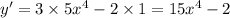 y '= 3 \times 5 {x}^{4} - 2 \times 1 = 15 {x}^{4} - 2