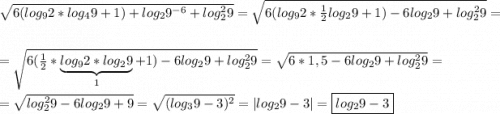 \sqrt{6(log_{9}2*log_{4}9+1)+log_{2}9^{-6}+log_{2}^{2}9}=\sqrt{6(log_{9}2*\frac{1}{2}log_{2}9+1)-6log_{2}9+log_{2}^{2}9}=\\\\=\sqrt{6(\frac{1}{2}*\underbrace { log_{9}2*log_{2}9}_{1}+1)-6log_{2}9+log_{2}^{2}9}=\sqrt{6*1,5-6log_{2}9+log_{2}^{2} 9} }=\\\\=\sqrt{log_{2}^{2}9-6log_{2}9+9}=\sqrt{(log_{3}9-3)^{2}}=|log_{2} 9-3|=\boxed{log_{2} 9-3}