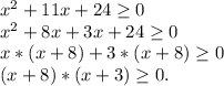 x^2+11x+24\geq 0\\ x^2+8x+3x+24\geq 0\\x*(x+8)+3*(x+8)\geq 0\\(x+8)*(x+3)\geq 0.\\