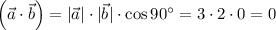 \left(\vec{a}\cdot\vec{b}\right)=|\vec{a}|\cdot |\vec{b}|\cdot\cos 90^\circ=3\cdot2\cdot0=0