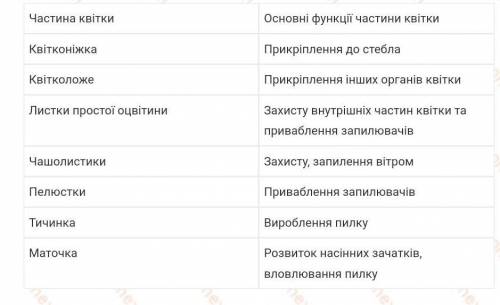 Заповніть таблицю у зошиті. Частини КвіткиОсновні функції частин квіткиКвітконіжка:КвітКоложе:Листки