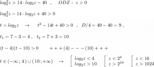 log_2^2z14\cdot log_2z-40\ \ ,\ \ \ \ ODZ:\ z0\\\\log_2^2z-14\cdot log_2z+400\\\\t=log_2z\ \ \ \to \ \ \ \ t^2-14t+400\ \ ,\ \ D/4=49-40=9\ ,\\\\t_1=7-3=4\ ,\ \ t_2=7+3=10\\\\(t-4)(t-10)0\ \ \ \ \ \ +++(4)---(10)+++\\\\t\in (-\infty \, ;\, 4\, )\cup (\, 10\, ;+\infty )\ \ \ \to \ \ \ \left[\begin{array}{l}log_2z10\end{array}\right\ \ \left[\begin{array}{l}z2^{10}\end{array}\right\ \ \left[\begin{array}{l}z1024\end{array}\right