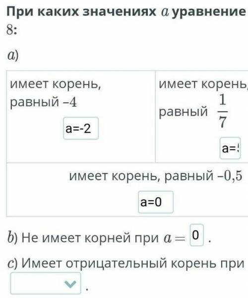 При каких значений a уравнений а*х=8: а)Имеет корень, равных - 4Имеет корень, равный 1/7...Имеет кор