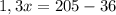 1,3x=205-36