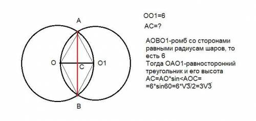 Знайдіть радіус кола по якому перетинаються поверхні двох рівних куль з радіусами що дорівнюють 6. Ц