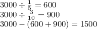 3000 \div \frac{1}{5} = 600 \\ 3000 \div \frac{3}{10} = 900 \\ 3000 - (600 + 900) = 1500