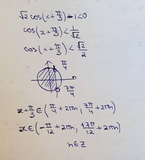 Решить неравенство sqrt(2)cos(x+pi/3)-1<0