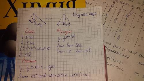 Прямоугольный равнобедренный треугольник с катетом 5 см, вращается вокруг катета. Найдите площадь по