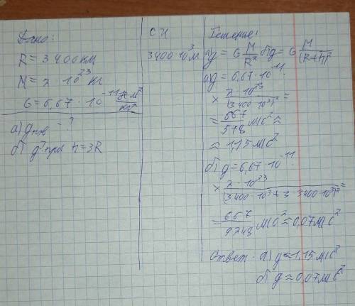 Вычислите ускорение свободного падения у Планеты с параметрами R=3400 км , М=2×10²³ кг на а)поверхно