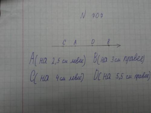 707.Отметьте точку: 1) A, которая на 2 см 5 мм левее; 2) B, которая на 3 см правее ; 3) C, которая н