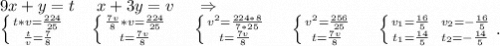 9x+y=t\ \ \ \ x+3y=v\ \ \ \ \Rightarrow\\\left \{ {{t*v=\frac{224}{25} } \atop {\frac{t}{v} }=\frac{7}{8 } } \right. \ \ \ \ \left \{ {{\frac{7v}{8}*v=\frac{224}{25} } \atop {t=\frac{7v}{8} }} \right.\ \ \ \ \left \{ {{v^2=\frac{224*8}{7*25} } \atop {t=\frac{7v}{8} }} \right.\ \ \ \ \left \{ {{v^2=\frac{256}{25} } \atop {t=\frac{7v}{8} }} \right.\ \ \ \ \left \{ {{v_1=\frac{16}{5}\ \ v_2=-\frac{16}{5} } \atop {t_1=\frac{14}{5}\ \ t_2=-\frac{14}{5} }} \right. .