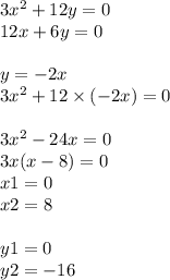 3 {x}^{2} + 12y = 0 \\ 12x + 6y = 0 \\ \\ y = - 2x \\ 3 {x}^{2} + 12 \times ( - 2x) = 0 \\ \\ 3 {x}^{2} - 24x = 0 \\ 3x(x - 8) = 0 \\ x1 = 0 \\ x2 = 8 \\ \\ y1 = 0 \\ y2 = - 16