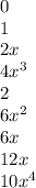 0 \\ 1 \\ 2x \\ 4 {x}^{3} \\ 2 \\ 6 {x}^{2} \\ 6x \\ 12x \\ 10 {x}^{4}