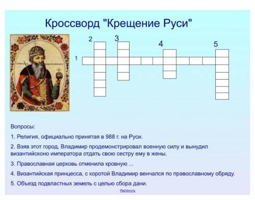 Кроссворд на тему правление князя Владимира крещение Руси​