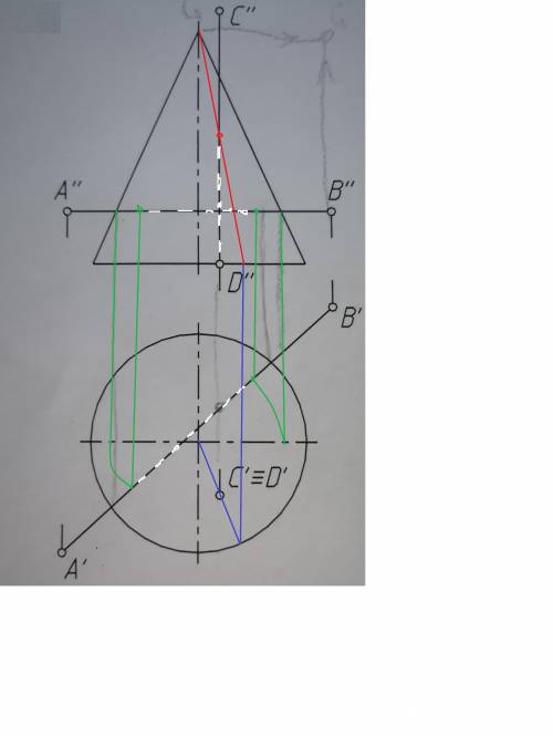 Найти точки пересечения прямых AB CD с поверхностью конуса, показать видимость прямых. Дать определе