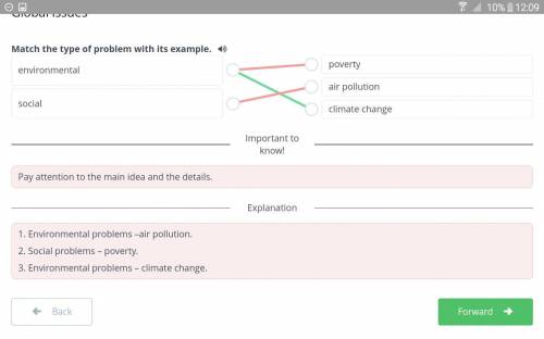 Match the type of problem with its example. ) povertyenvironmentalair pollutionsocialclimate change​