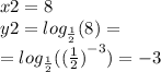 x2 = 8 \\ y2 = log_{ \frac{1}{2} }(8) = \\ = log_{ \frac{1}{2} }( {( \frac{1}{2} )}^{ - 3} ) = - 3