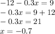 - 12 - 0.3x = 9 \\ - 0.3x = 9 + 12 \\ - 0.3x = 21 \\ x = - 0.7