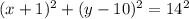 (x+1)^2+(y-10) ^2=14^2