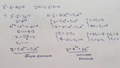 Решить линейное дифференциальное уравнение 2 порядка с постоянными коэффициентами y-y' -2y = 0, x=0