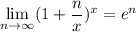 \displaystyle \lim_{n \to \infty} (1+\frac{n}{x})^{x}=e^n