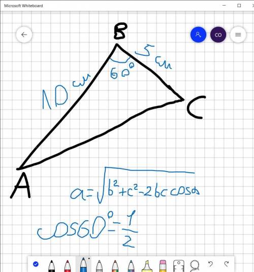 В треугольник АВС если АВ =10см Вс=5 см и В=60° то найди длину стороны АС округли ответ до целого чи