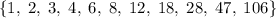 \{1,\;2,\;3,\;4,\;6,\;8,\;12,\;18,\;28,\;47,\;106\}