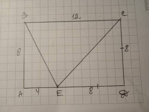 В прямоугольнике ABCD AB = 8, BC = 12. На стороне AD отмеченаточка E такая, что треугольник CDE- рав