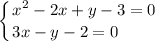 \displaystyle \left \{ {{x^2 -2x +y -3 =0} \atop {3x - y - 2 = 0 \hfill }} \right.