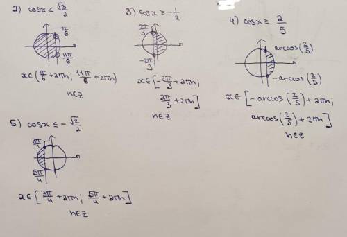Тригонометричні нерівності 1)sinx -√3/2 3)cosx<√3/2 4)cosx≥-1/2 5)cosx≥2/5 6)cosx≤-√2/2 До ть)