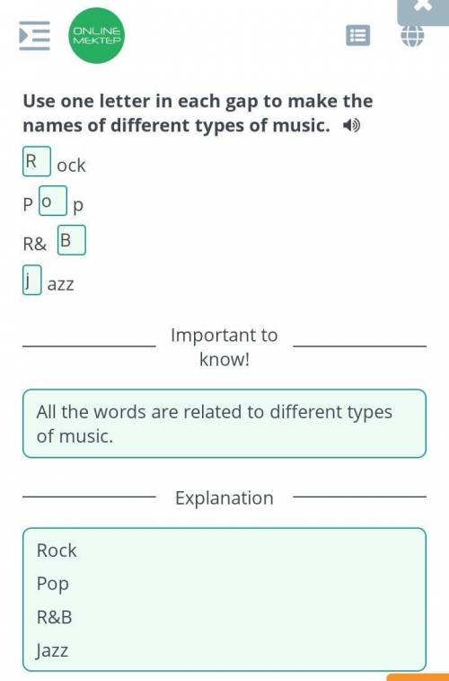 Task 1. Use one letter in each gap to make the names of different types of music. 0._R_ock1.P__p 2._