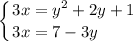 \displaystyle \left \{ {{3x=y^2+2y+1} \atop {3x=7-3y\hfill}} \right.