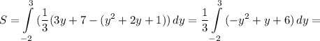 \displaystyle S=\int\limits^3_{-2} {(\frac{1}{3} (3y+7-(y^2+2y+1))} \, dy =\frac{1}{3} \int\limits^3_{-2} {(-y^2+y+6)} \, dy=