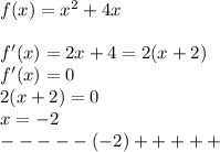 f(x)=x^2+4x\\\\f'(x)=2x+4=2(x+2)\\f'(x)=0\\2(x+2)=0\\x=-2\\-----(-2)+++++\\