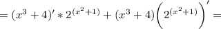 \displaystyle =(x^3+4)'*2^{(x^2+1)}+(x^3+4)\bigg (2^{(x^2+1)} \bigg )'=