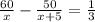 \frac{60}{x}-\frac{50}{x+5}=\frac{1}{3}