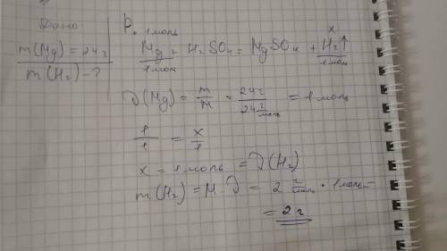 Рассчитайте m H2 образующегося при взаимодействии 24г Mg c H2SO4​