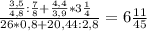 \frac{\frac{3,5}{4,8} : \frac{7}{8} +\frac{4,4}{3,9} * 3\frac{1}{4}}{26 * 0,8 +20,44 : 2,8} = 6\frac{11}{45}