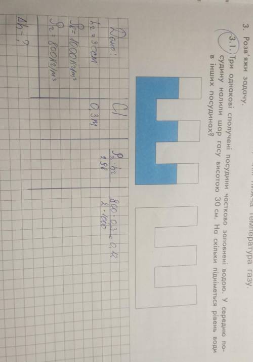 Три однакові сполучені посудини частково заповнені водою. У середно по- судину налили шар гасу висот