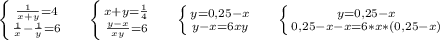 \left \{ {{\frac{1}{x+y} =4} \atop {\frac{1}{x}-\frac{1}{y}=6 }} \right. \ \ \ \ \left \{ {{x+y=\frac{1}{4} } \atop {\frac{y-x}{xy} =6}} \right.\ \ \ \ \left \{ {{y=0,25-x } \atop {y-x=6xy}} \right.\ \ \ \ \left \{ {{y=0,25-x} \atop {0,25-x-x=6*x*(0,25-x)}} \right.\\