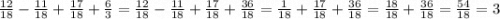 \frac{12}{18}-\frac{11}{18}+\frac{17}{18}+\frac{6}{3}= \frac{12}{18}-\frac{11}{18}+\frac{17}{18}+\frac{36}{18}=\frac{1}{18}+\frac{17}{18}+\frac{36}{18}=\frac{18}{18}+\frac{36}{18}=\frac{54}{18}=3