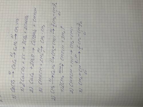 1) CaCO3 → CaC2 → HC≡CH→ CH3-C сверху О, снизу H 2)CH4→CH≡CH→CH2=CHCl→(—CH2—CH—)n | Cl3) Записать во