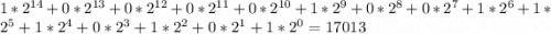 1*2^{14} +0*2^{13} +0*2^{12} +0*2^{11} +0*2^{10} +1*2^{9} +0*2^{8} +0*2^{7} +1*2^{6} +1*2^{5} +1*2^{4} +0*2^{3} +1*2^{2} +0*2^{1} +1*2^{0} =17013