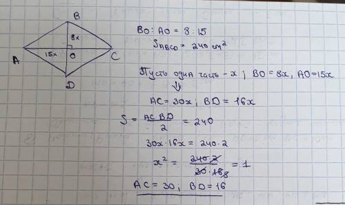 АВСD-ромб, ВО:АО=8:15, Sabcd=240см^2 Найти:BD, AC