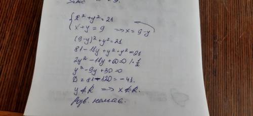 X^2 +y^2=21X +y=9Решить систему подстановки класс пошагово ​