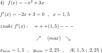 4)\ \ f(x)=-x^2+3x\\\\f'(x)=-2x+3=0\ \ ,\ \ x=1,5\\\\znaki\ f'(x):\ \ \ +++(1,5)---\\\\{}\qquad \qquad \qquad \ \ \ \nearrow \ \ \ (max)\ \ \searrow \\\\x_{min}=1,5\ \ ,\ \ y_{min}=2,25\ \ ,\ \ \ A(\ 1,5\ ;\ 2,25\ )