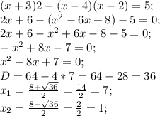 (x+3)2-(x-4)(x-2)=5;\\2x+6-(x^{2} -6x+8)-5=0;\\2x+6-x^{2} +6x-8-5=0;\\-x^{2} +8x-7=0;\\x^{2} -8x+7=0;\\D=64-4*7=64-28=36\\x_{1}=\frac{8+\sqrt{36} }{2} =\frac{14}{2}=7;\\x_{2} =\frac{8-\sqrt{36} }{2}=\frac{2}{2} =1;